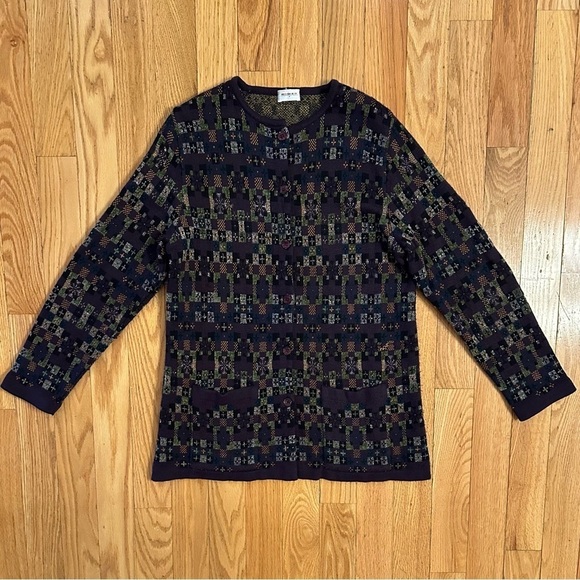 VTG Rodier France Purple Printed Wool Blend Cardigan Sweater Jacket Size XL - Picture 6 of 8